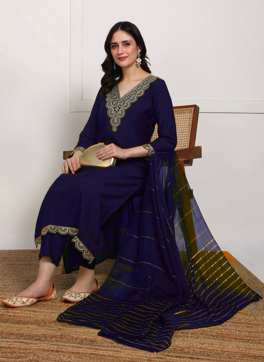 Decent Embroidery Work Navy Blue Color Salwar Suit