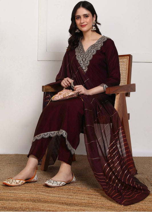 Decent Embroidery Work Wine Color Salwar Suit