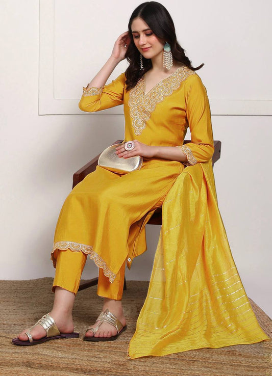 Decent Embroidery Work Yellow Color Salwar Suit