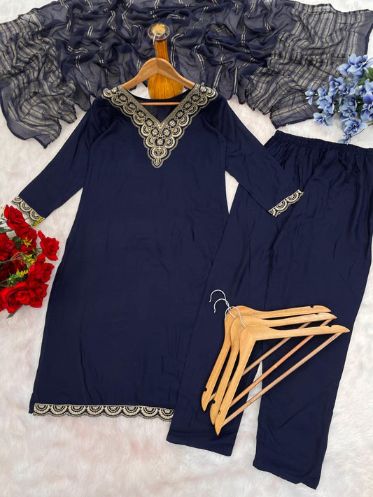 Decent Embroidery Work Navy Blue Color Salwar Suit