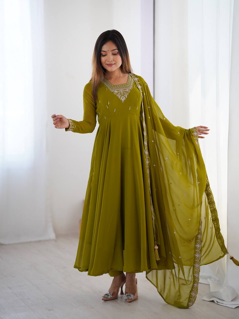Adorable Mehndi Color Anarkali Gown