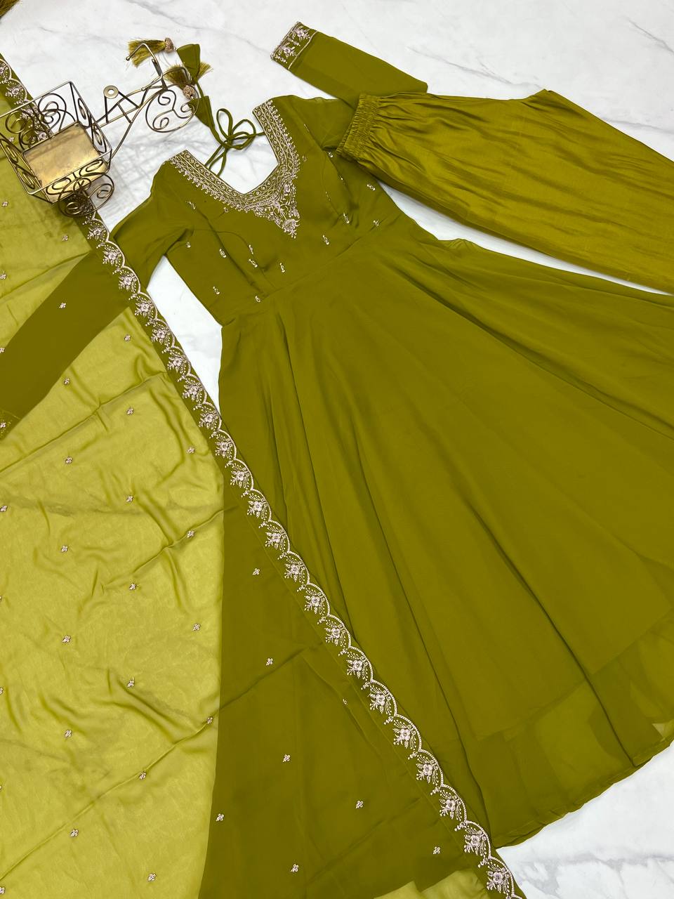 Adorable Mehndi Color Anarkali Gown