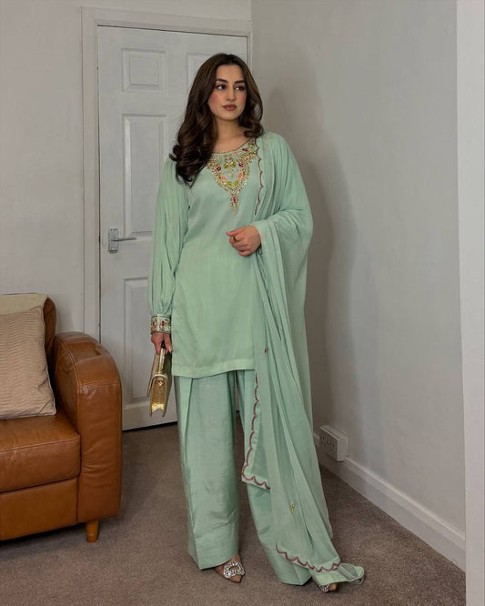 Gorgeous Sequence Work Sky Blue Color Palazzo Suit
