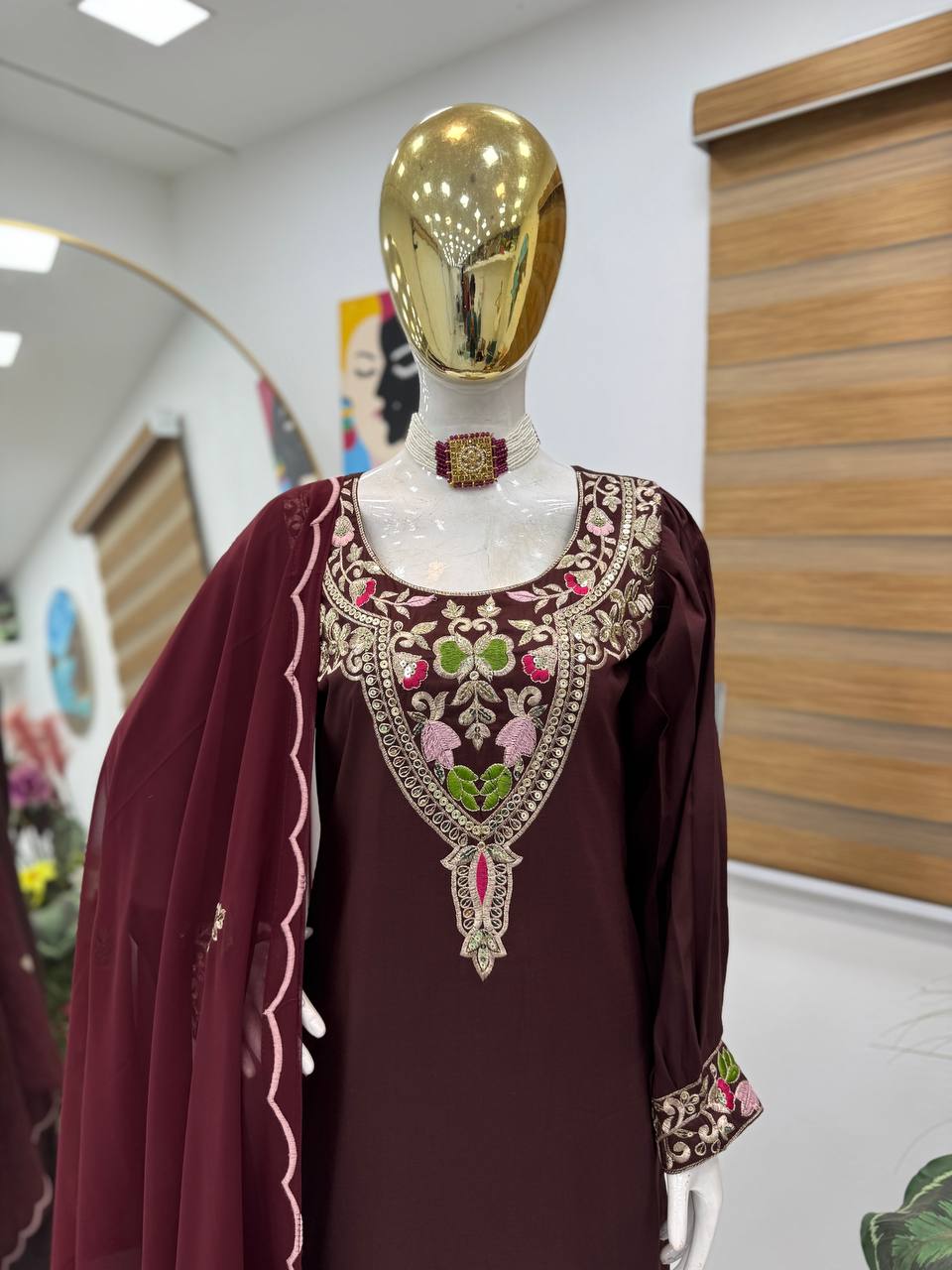 Gorgeous Sequence Work Wine Color Palazzo Suit