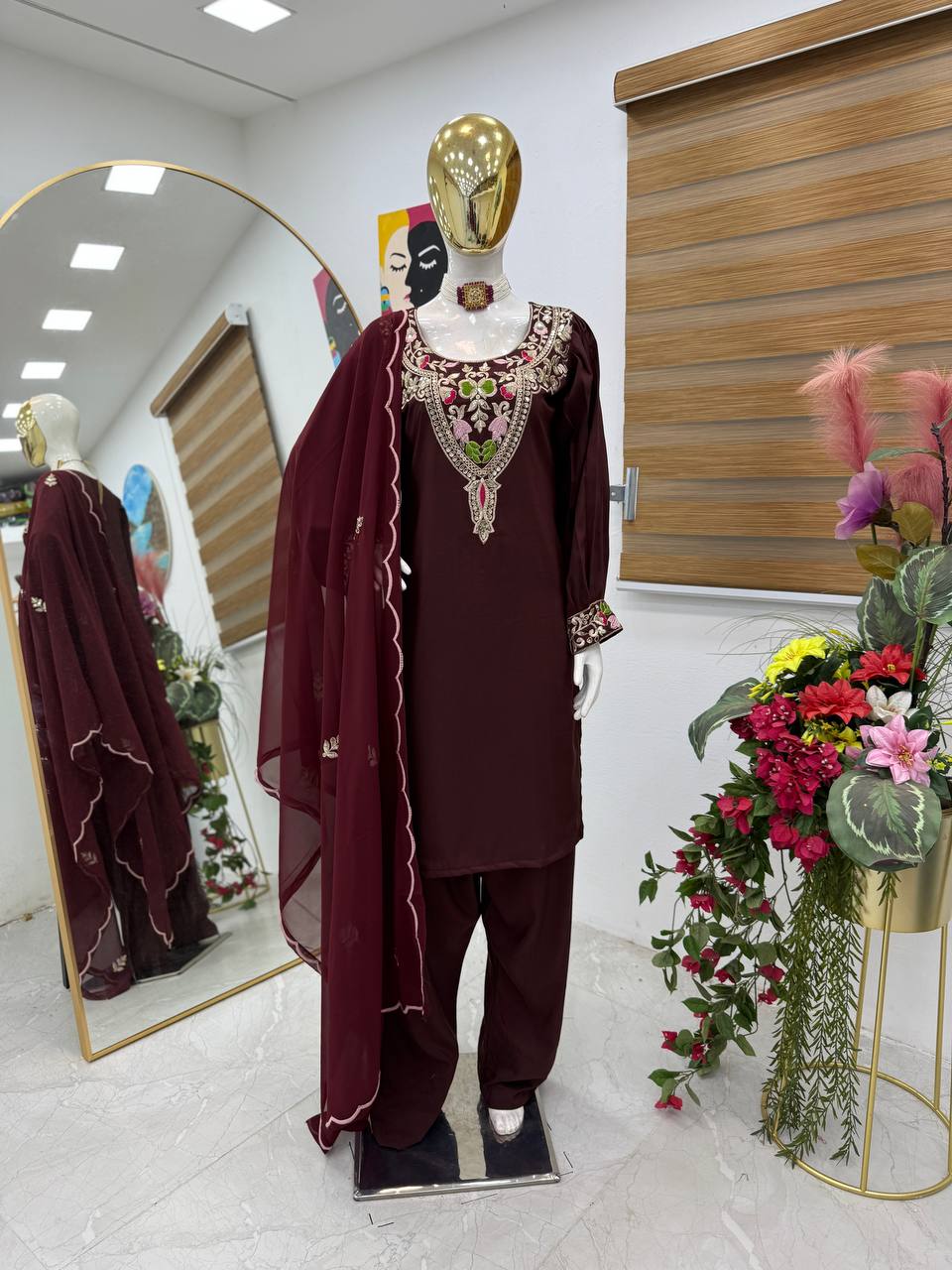 Gorgeous Sequence Work Wine Color Palazzo Suit