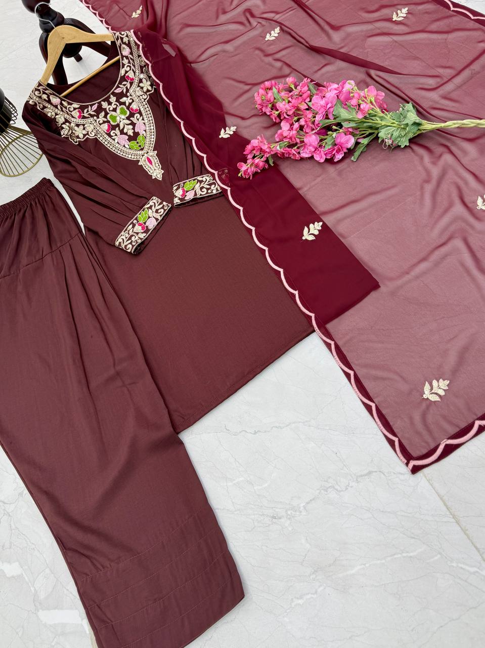 Gorgeous Sequence Work Wine Color Palazzo Suit