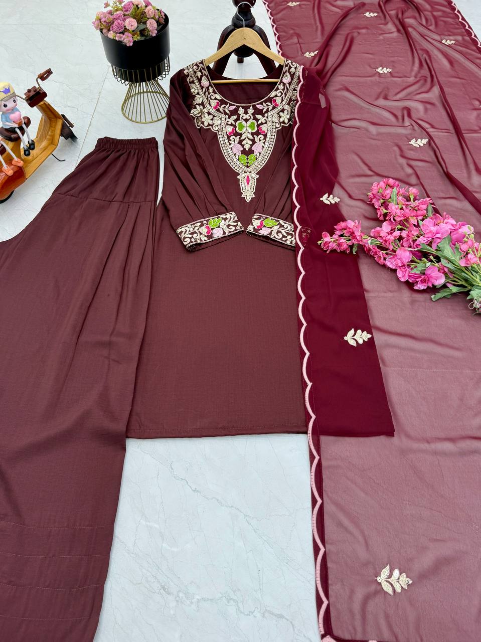 Gorgeous Sequence Work Wine Color Palazzo Suit