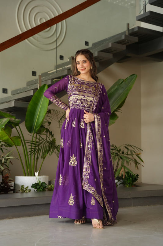 Attractive Embroidery Work Purple Color Gown