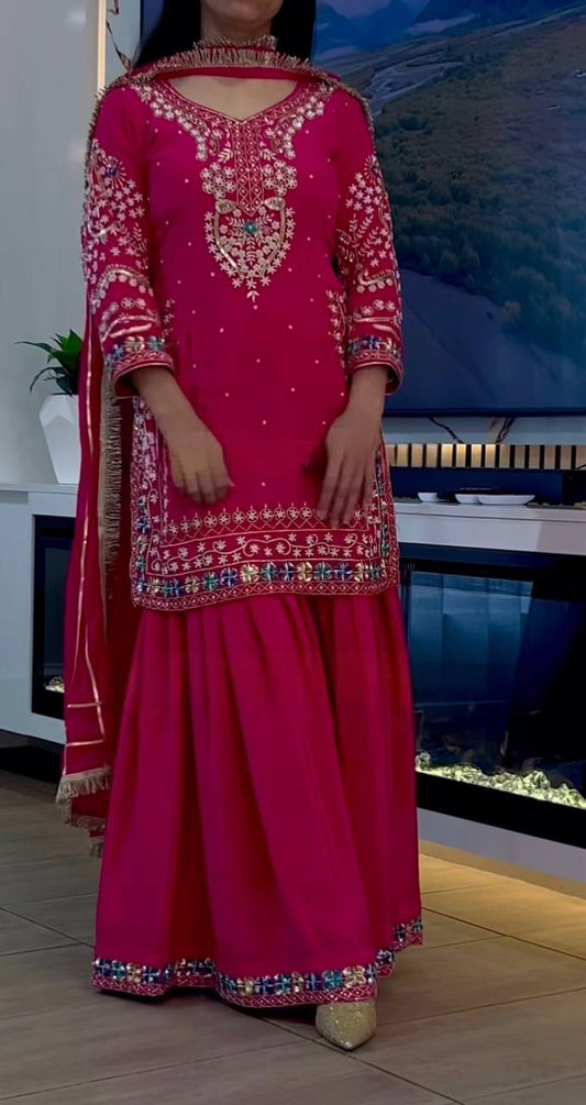 Stylish Multi Thread Work Pink Color Palazzo Suit