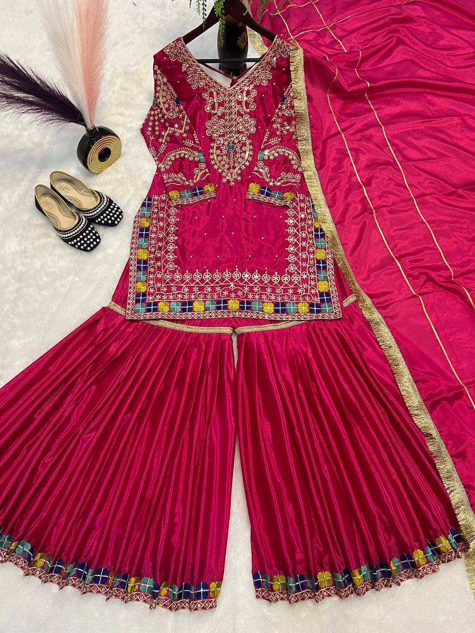 Stylish Multi Thread Work Pink Color Palazzo Suit