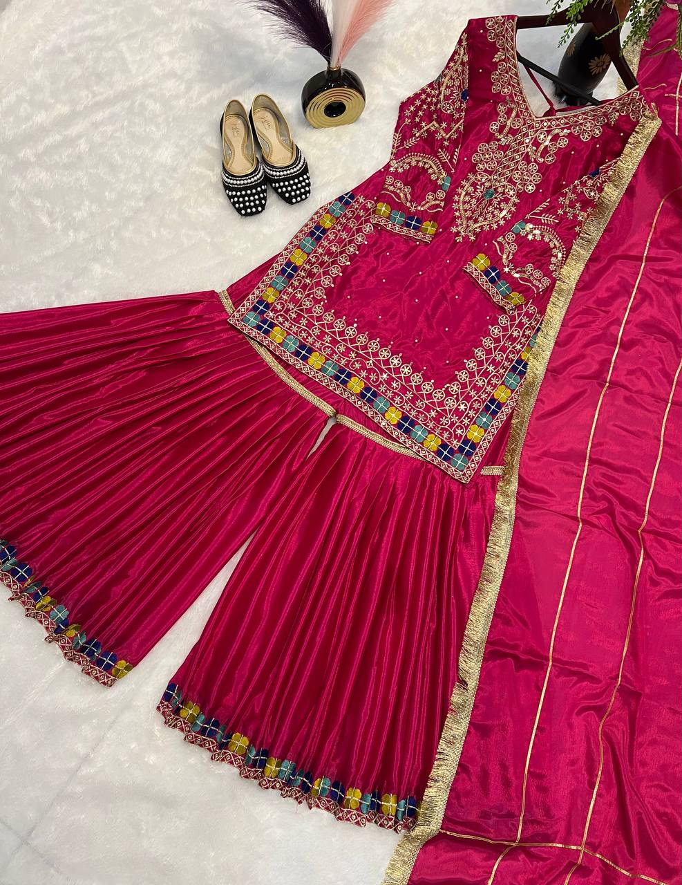 Stylish Multi Thread Work Pink Color Palazzo Suit