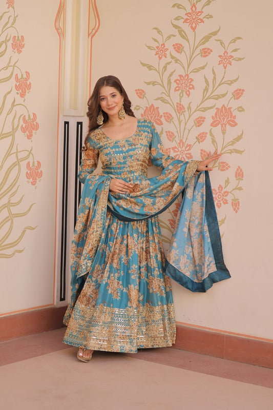 Captivating Flower Print Sky Blue Color Long Gown