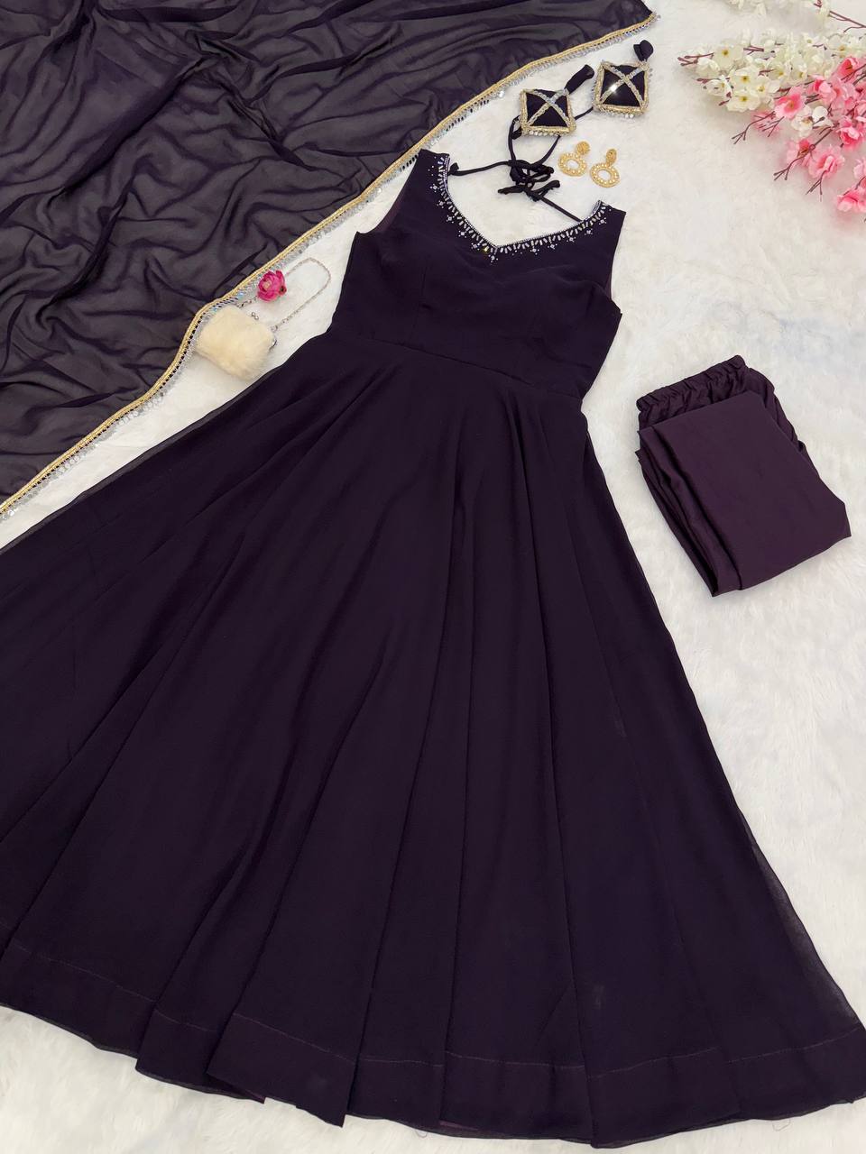 Wonderful Wine Color Hotfix Work Anarkali Gown