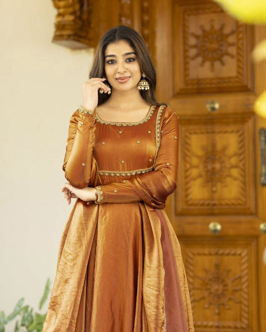 Elegant Fandy Silk Brown Color Gown