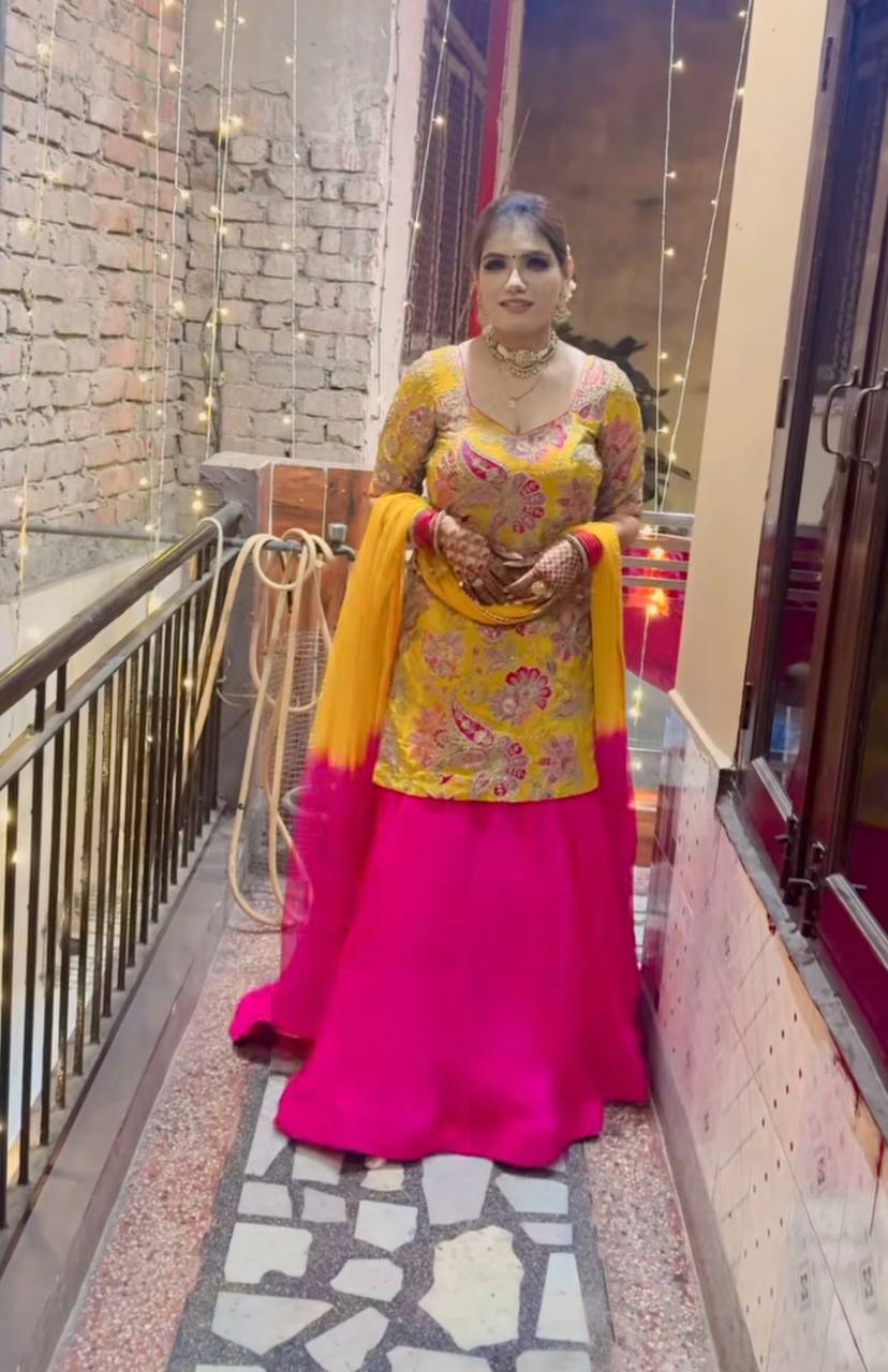 Stunning Crep Silk Mustard Color Top With Lehenga