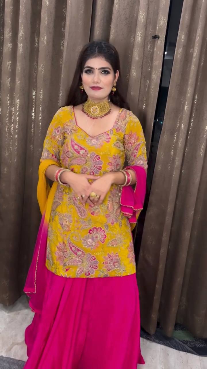 Stunning Crep Silk Mustard Color Top With Lehenga