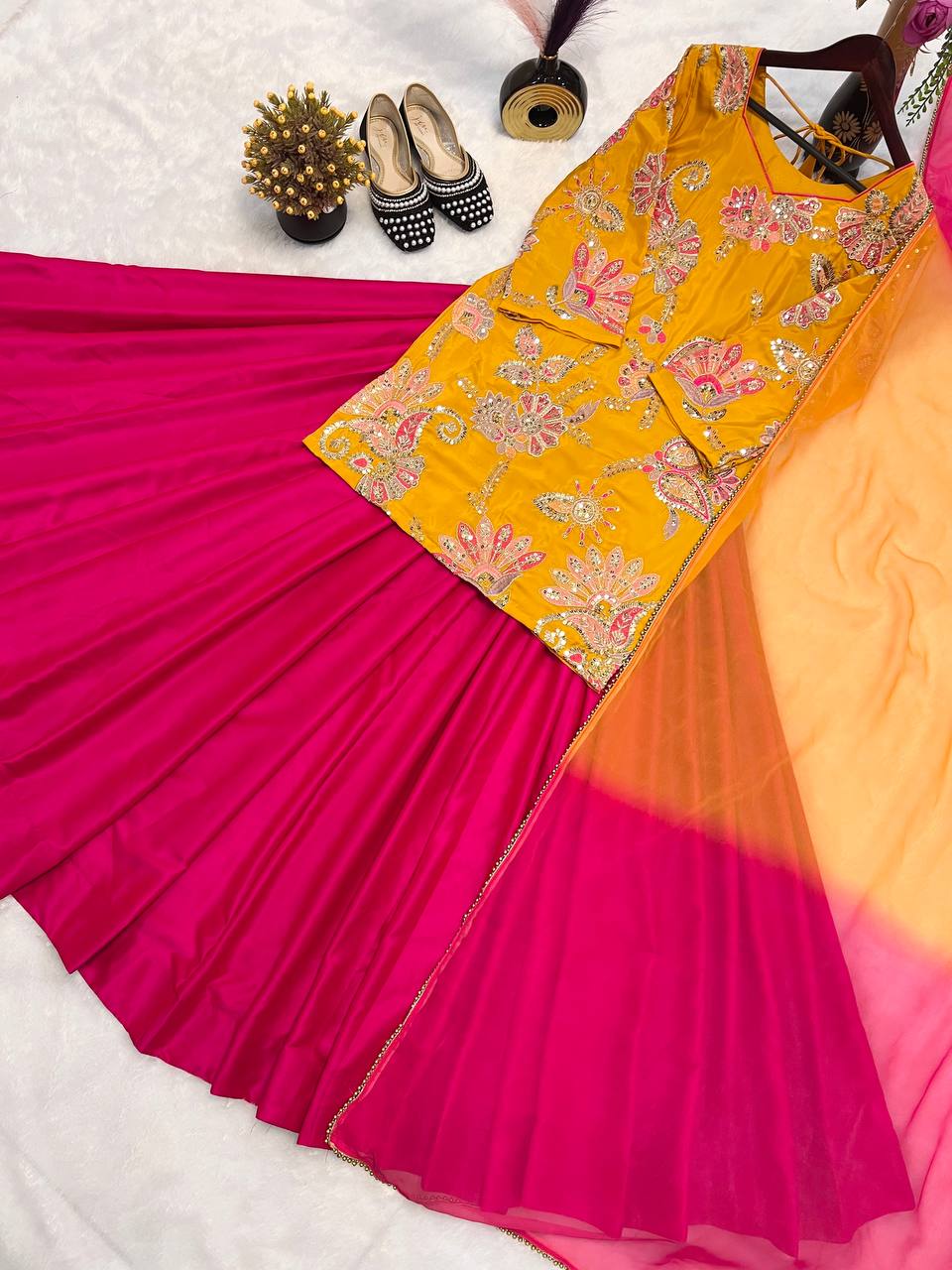 Stunning Crep Silk Mustard Color Top With Lehenga