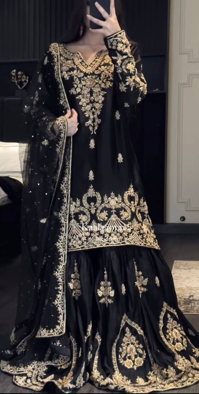 Function Wear Heavy Work Black Color Sharara Suit