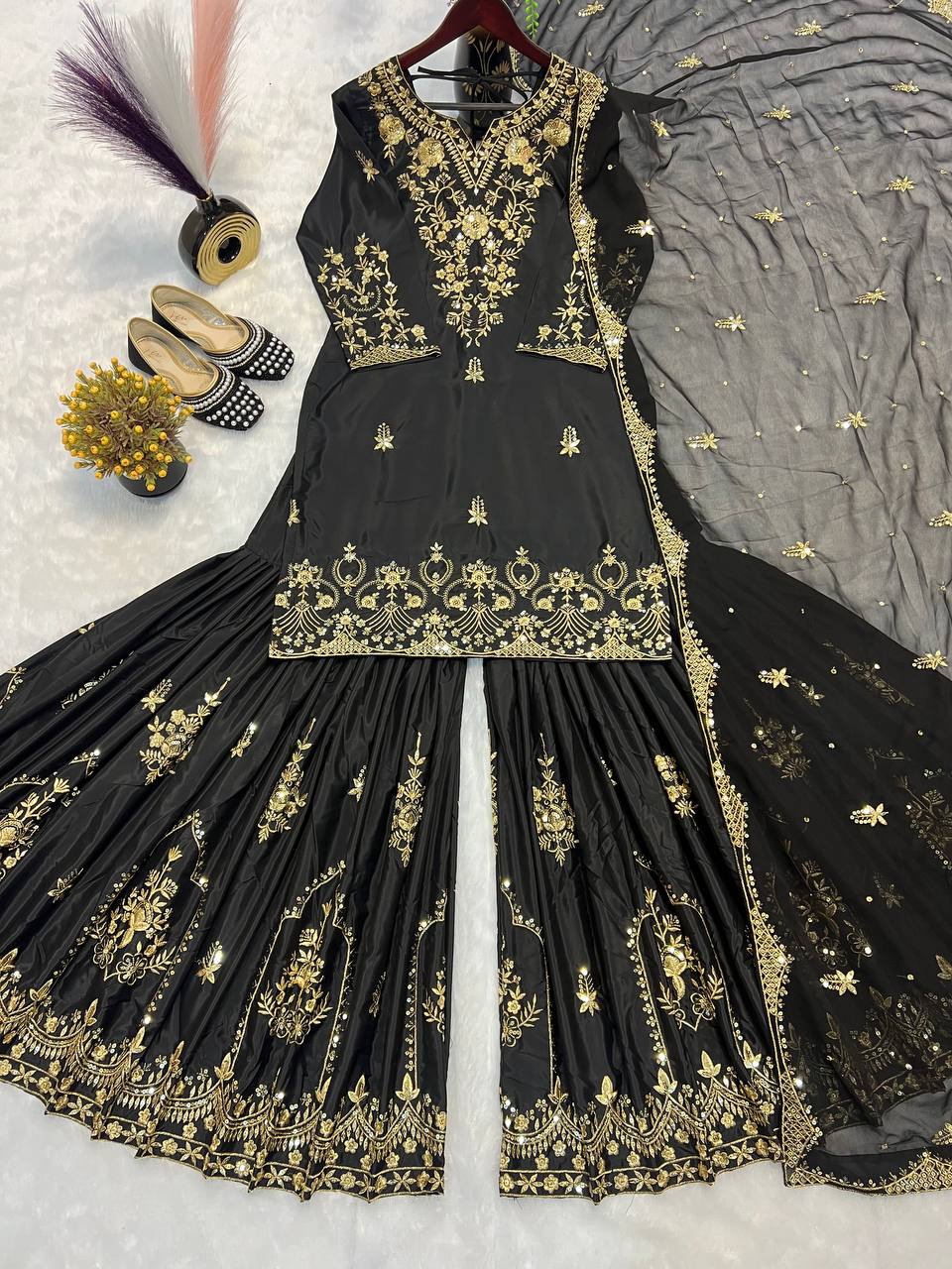 Function Wear Heavy Work Black Color Sharara Suit