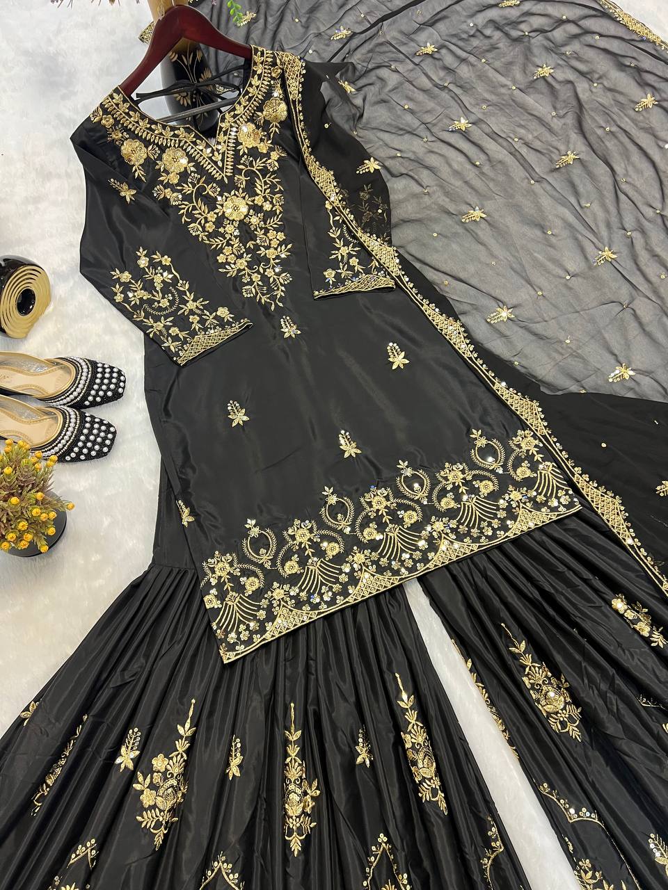 Function Wear Heavy Work Black Color Sharara Suit