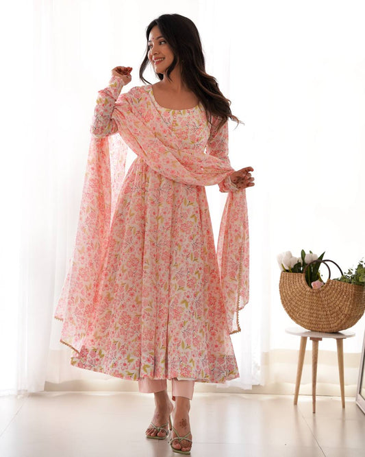 Gorgeous Floral Print Peach Color Anarkali Suit