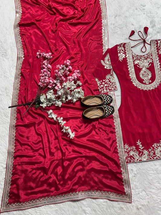 Adorable Embroidery Work Red Color Salwar Suit