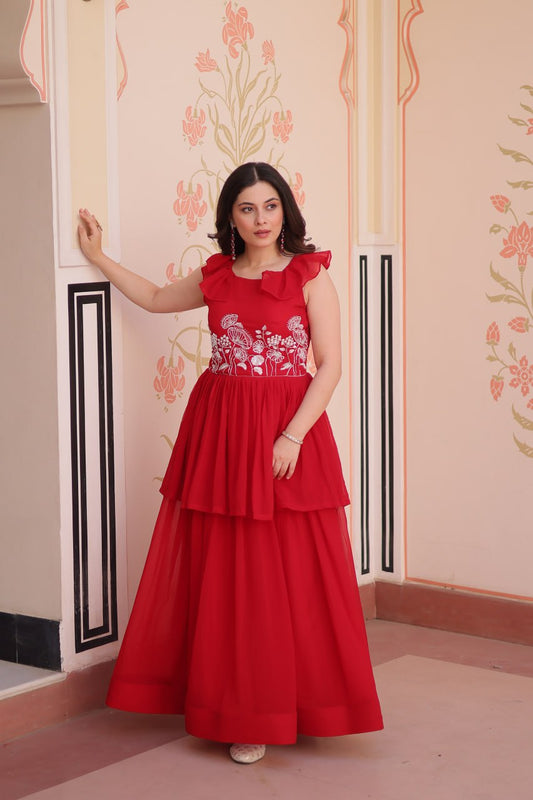 Attractive Embroidered Work Red Color Gown