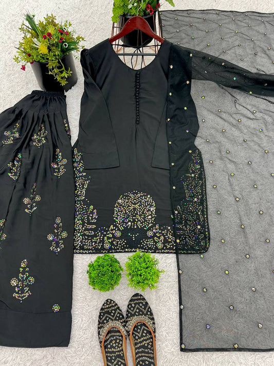 Charming Embroidery Work Black Color Palazzo Suit