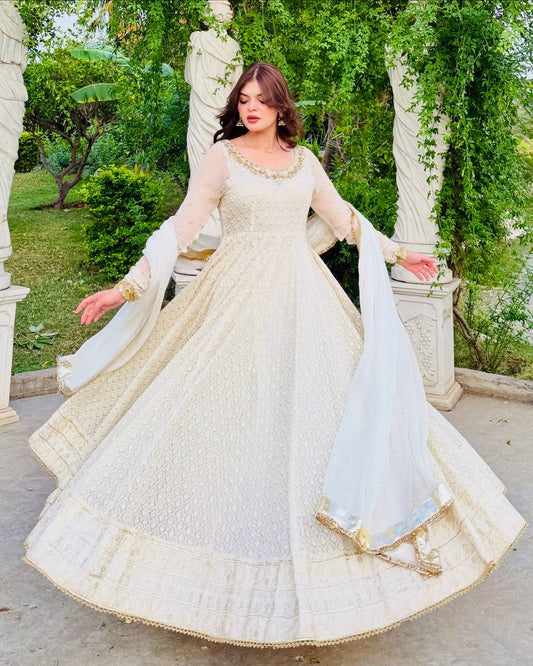 Wonderful Mirror and Embroidery Work White Color Gown