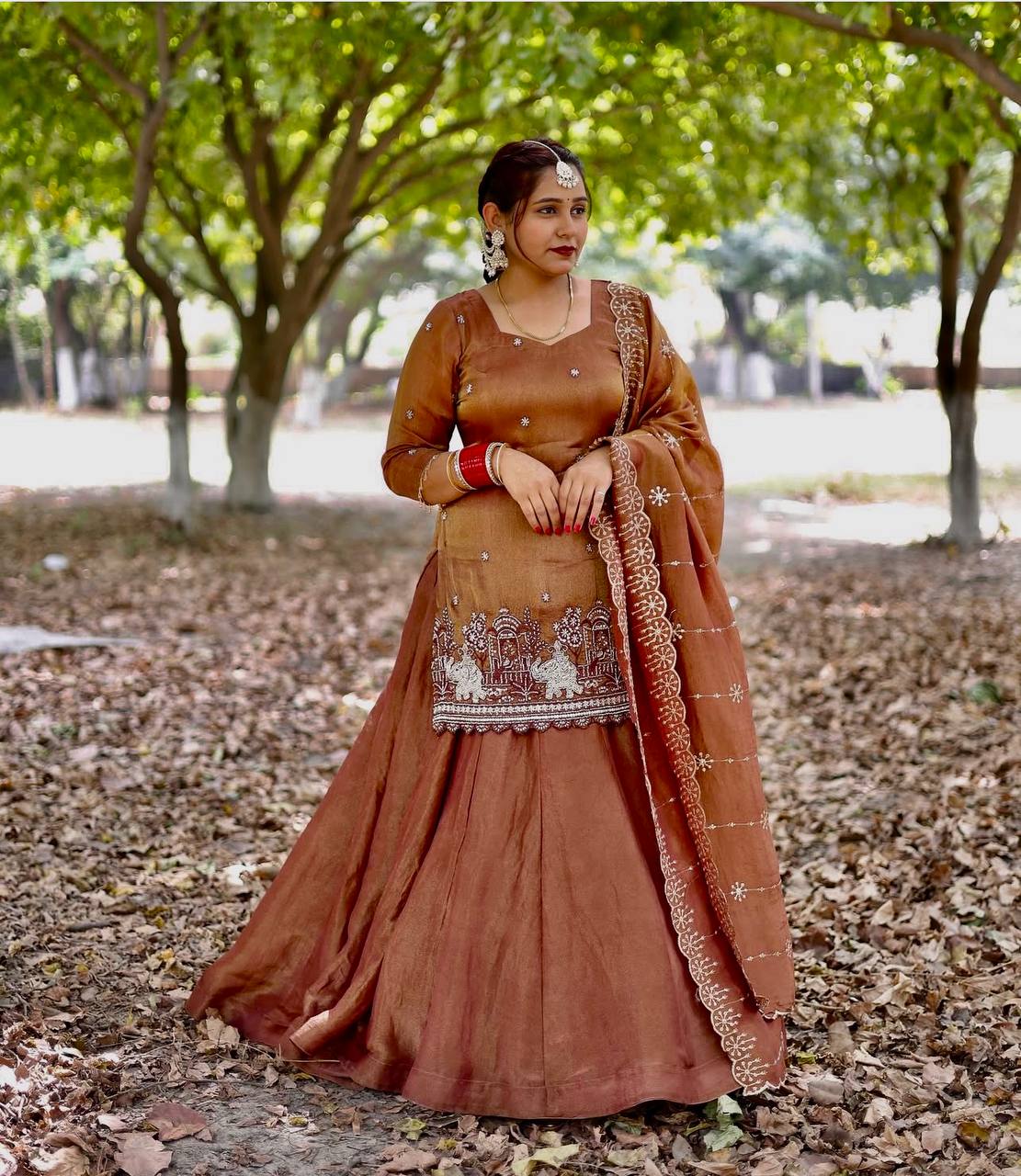 Function Wear Embroidery Work Brown Color Top With Lehenga