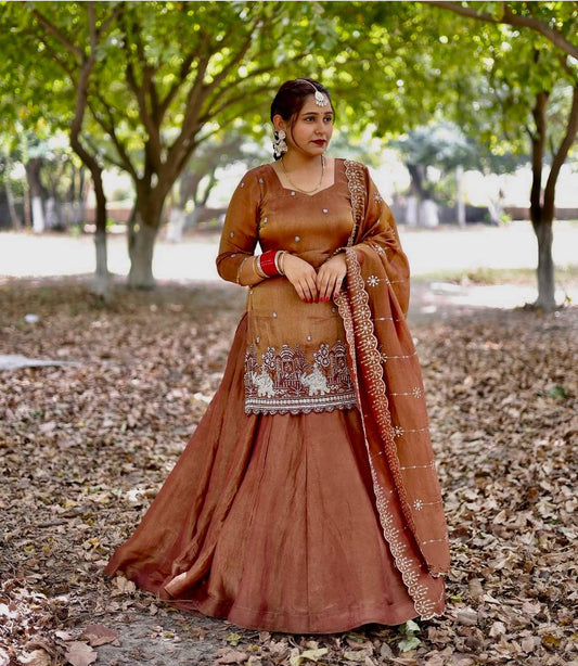 Function Wear Embroidery Work Brown Color Top With Lehenga