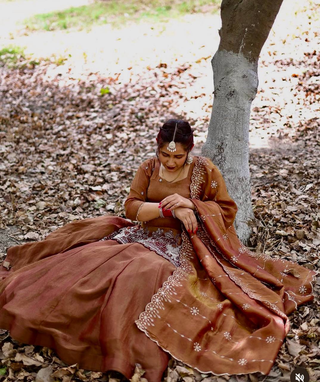 Function Wear Embroidery Work Brown Color Top With Lehenga