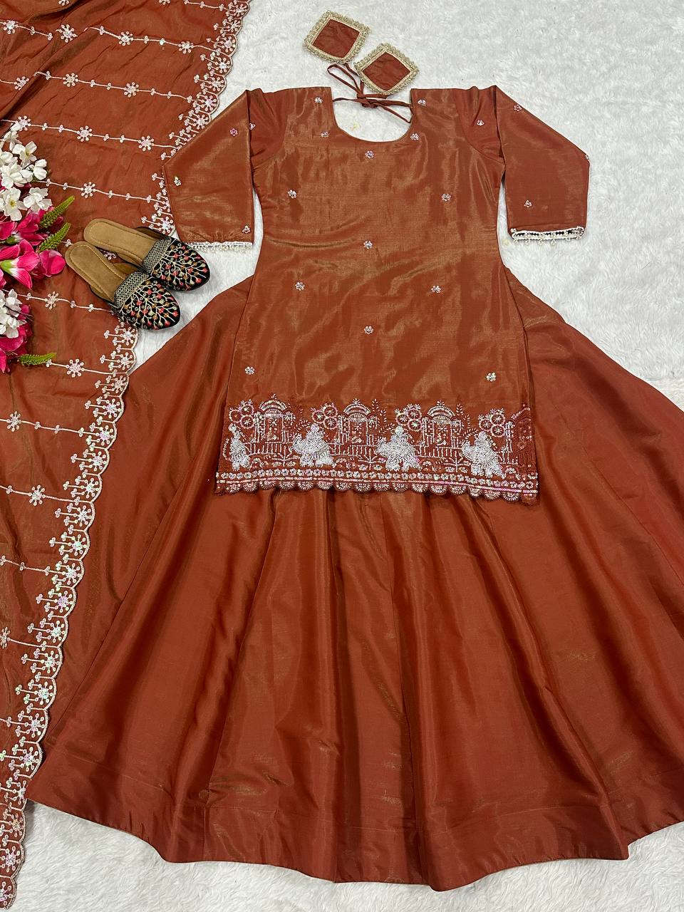 Function Wear Embroidery Work Brown Color Top With Lehenga