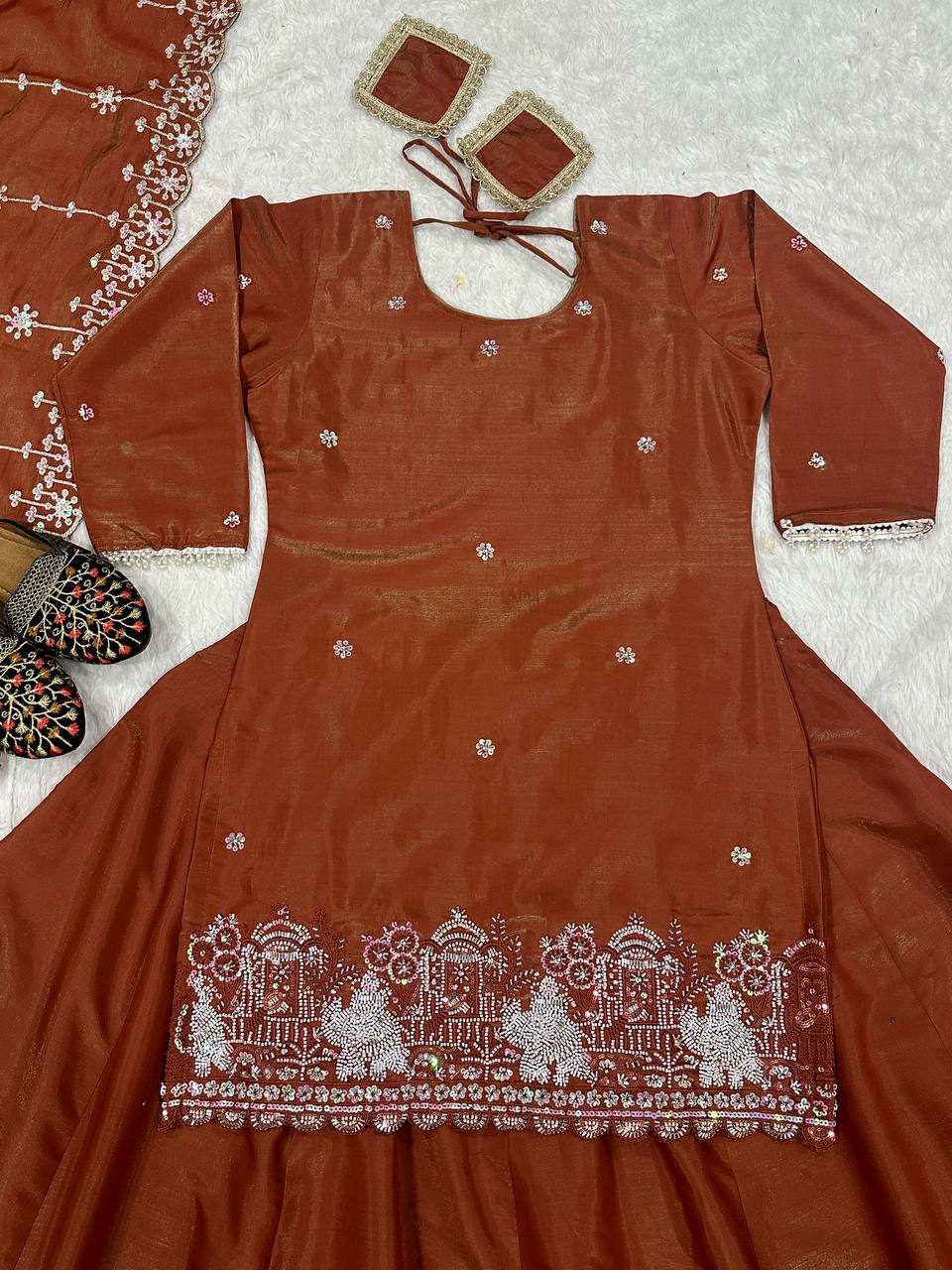 Function Wear Embroidery Work Brown Color Top With Lehenga