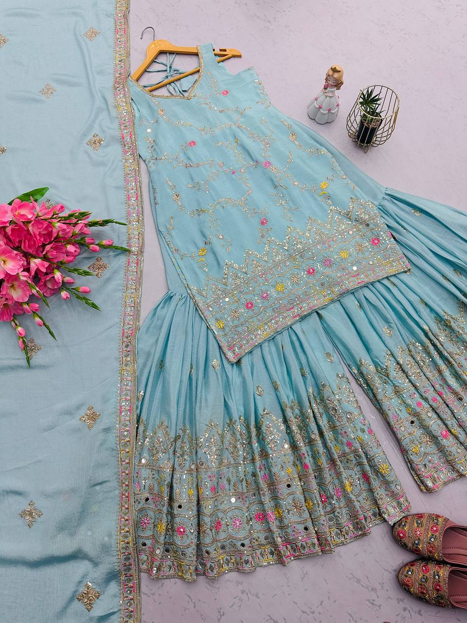 Multi Thread Work Shining Sky Color Sharara Suit
