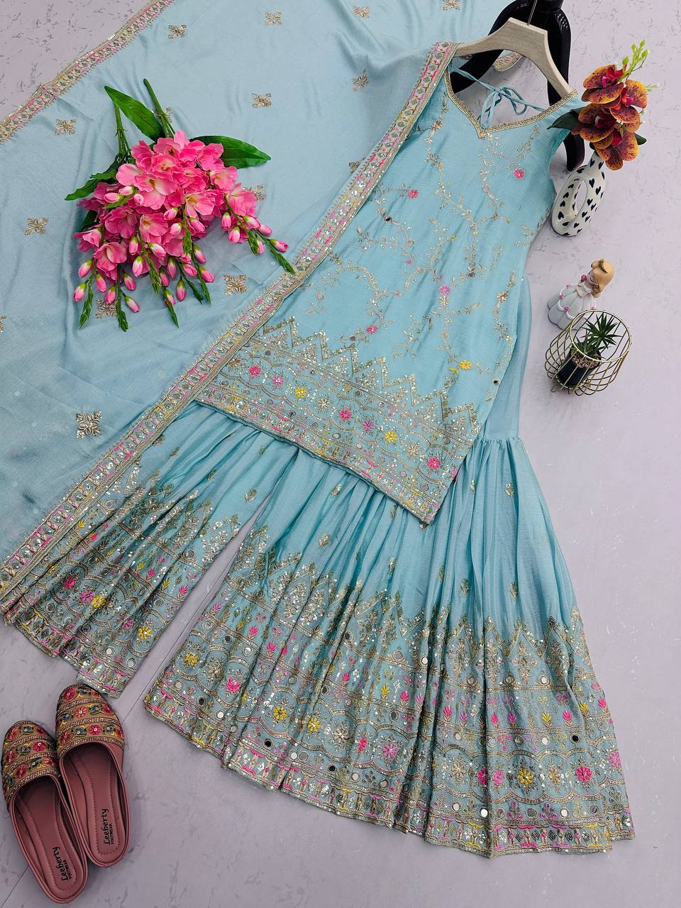 Multi Thread Work Shining Sky Color Sharara Suit