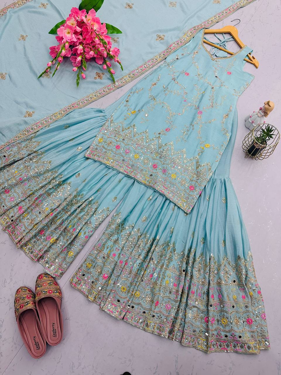 Multi Thread Work Shining Sky Color Sharara Suit