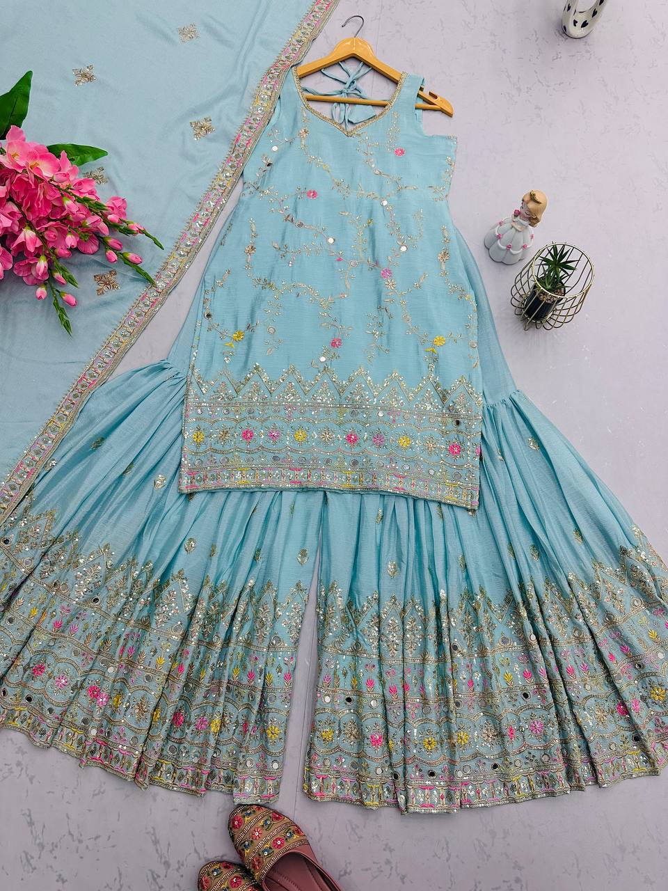 Multi Thread Work Shining Sky Color Sharara Suit