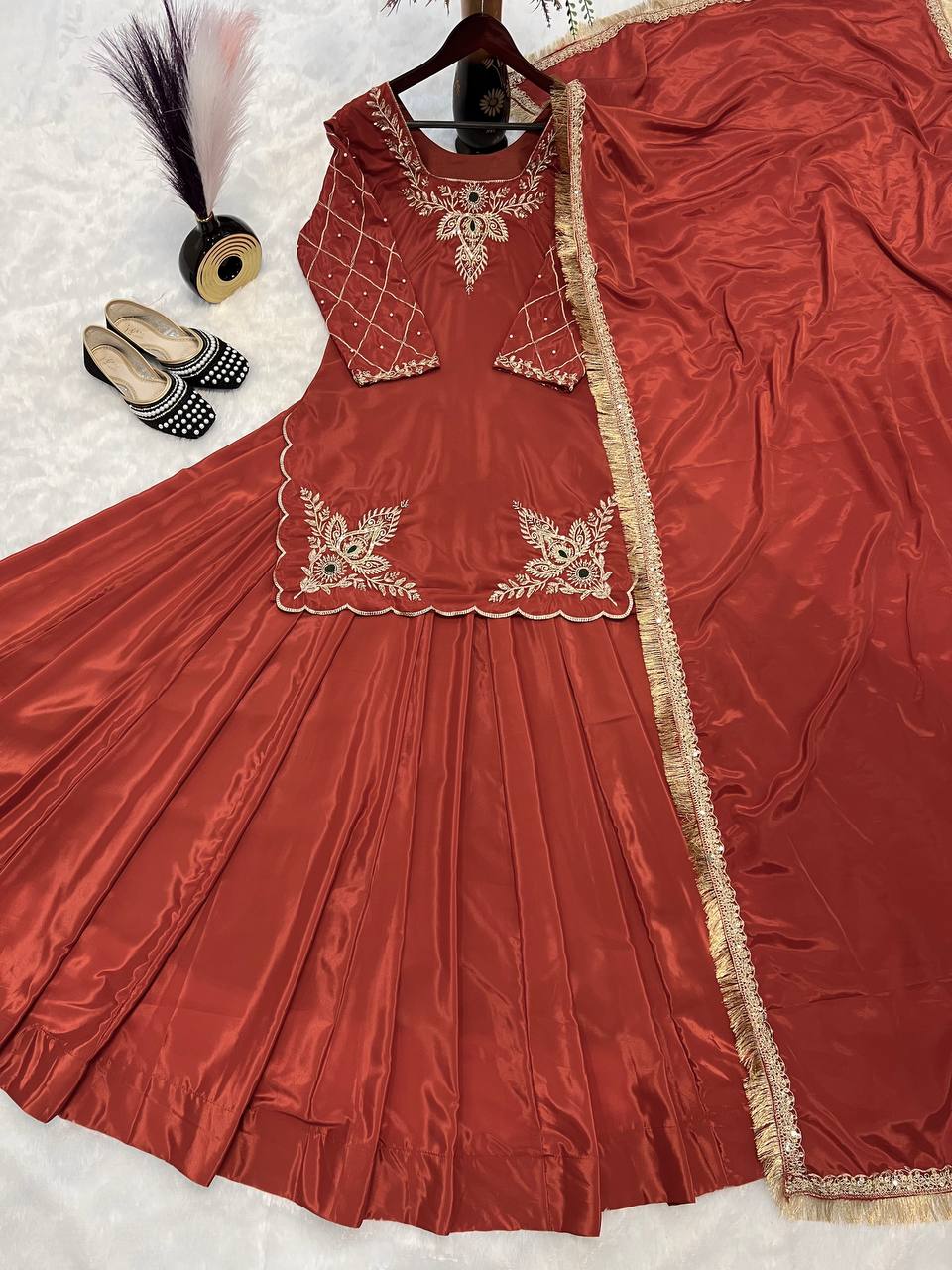 Function Wear Bids Hand Work Orange Color Top With Lehenga