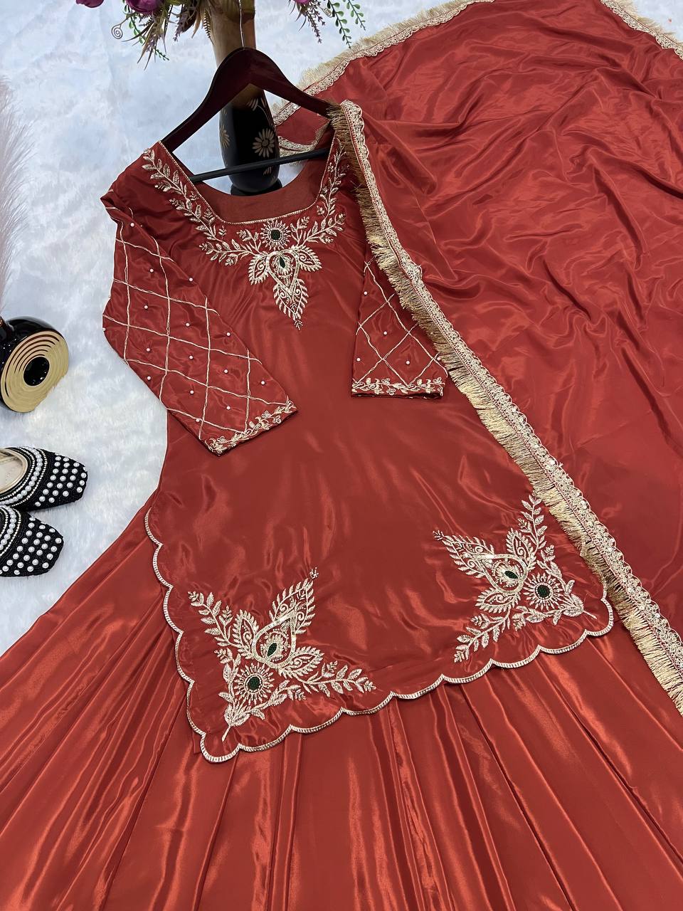 Function Wear Bids Hand Work Orange Color Top With Lehenga