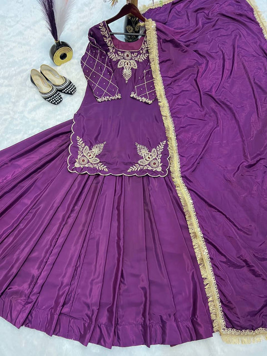 Function Wear Bids Hand Work Purple Color Top With Lehenga