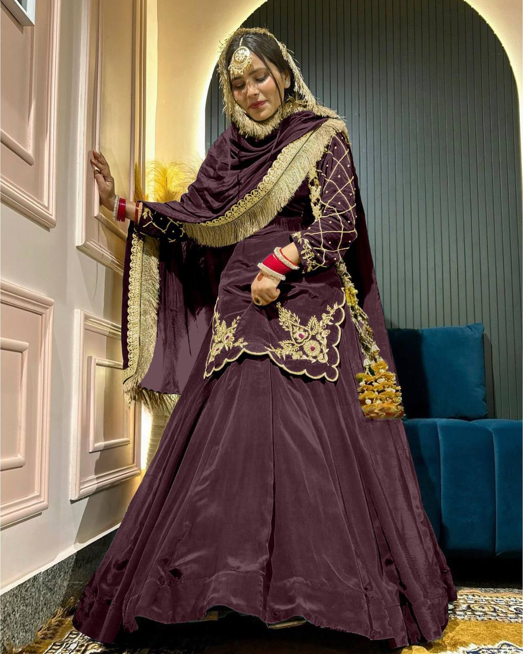 Function Wear Bids Hand Work Wine Color Top With Lehenga
