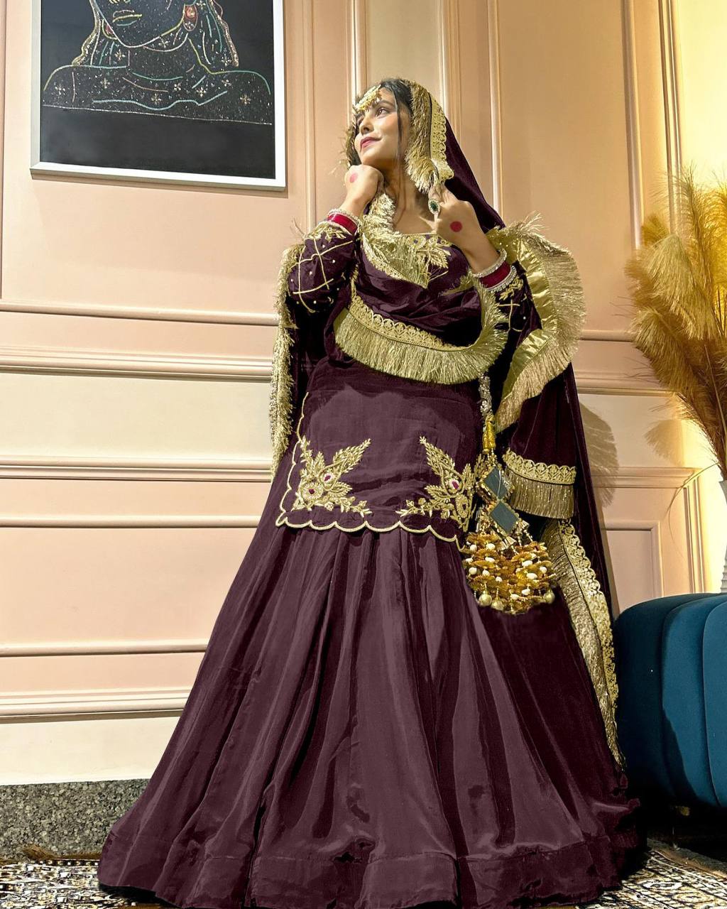 Function Wear Bids Hand Work Wine Color Top With Lehenga