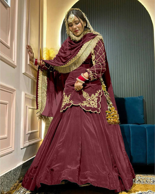 Function Wear Bids Hand Work Maroon Color Top With Lehenga