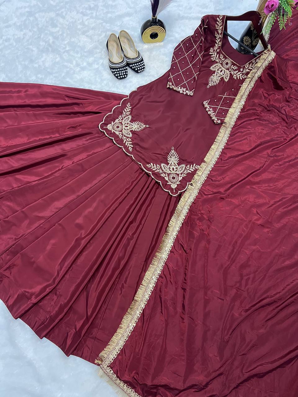 Function Wear Bids Hand Work Maroon Color Top With Lehenga