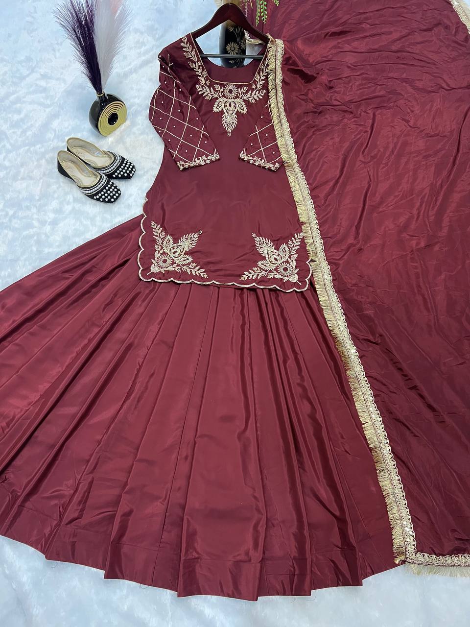 Function Wear Bids Hand Work Maroon Color Top With Lehenga