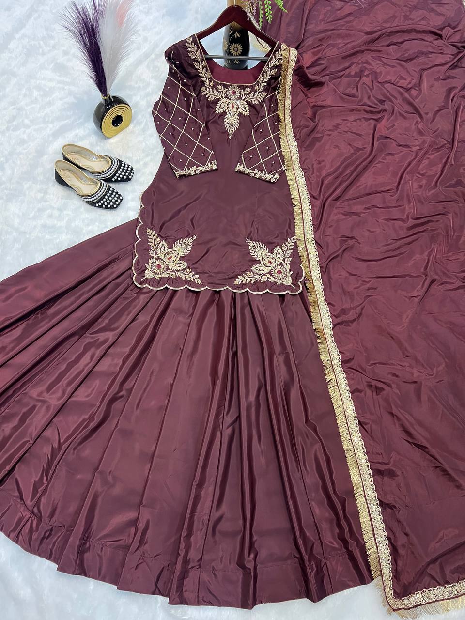 Function Wear Bids Hand Work Wine Color Top With Lehenga