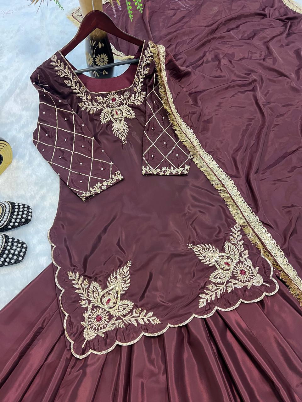 Function Wear Bids Hand Work Wine Color Top With Lehenga