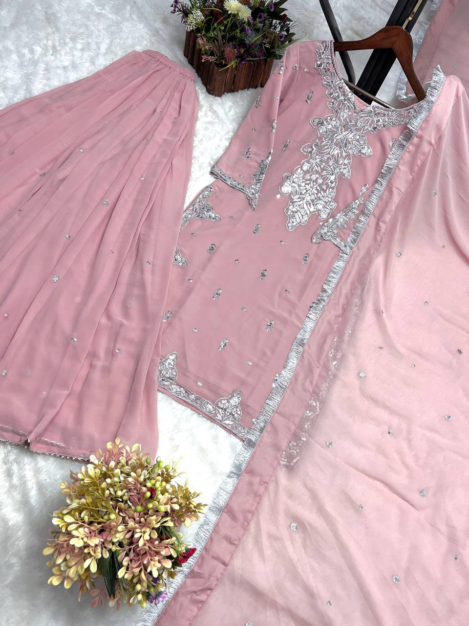 Preferable Georgette Peach Color Palazzo Suit