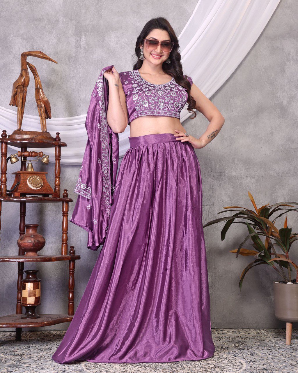 Designer Embroidery Work Lavender Color Lehenga Choli With Koti